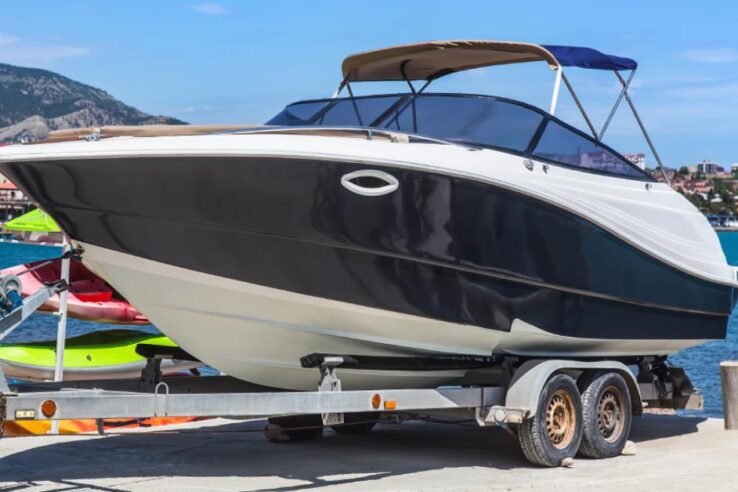 speedboat on a towing rig on land